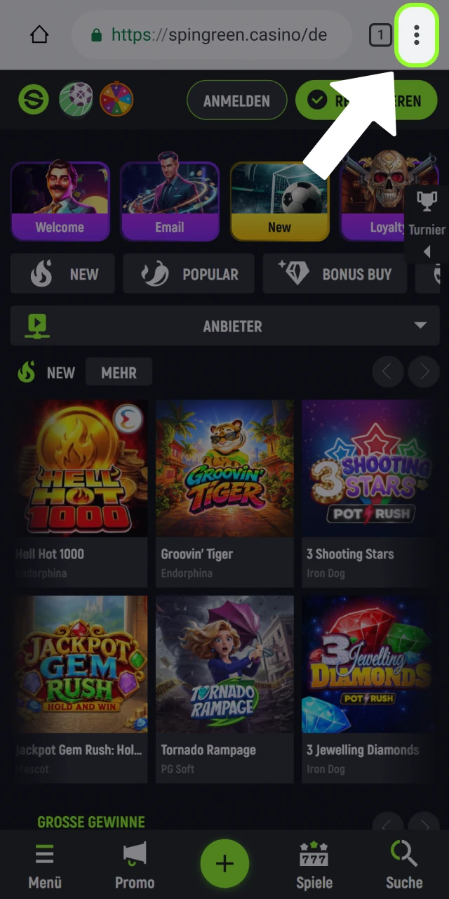 Öffnen Sie das Menü Ihres mobilen Browsers bei Spingreen.