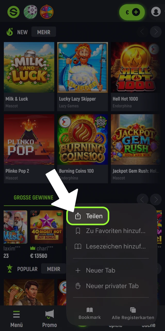 Tippen Sie auf das Teilen Symbol im Safari Browser Spingreen.