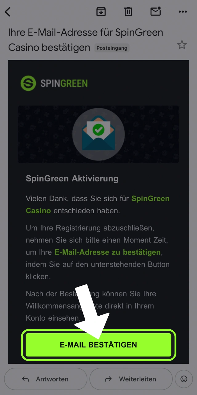 Bestätigen Sie Ihre Anmeldung mit dem gesendeten Code bei Spingreen.