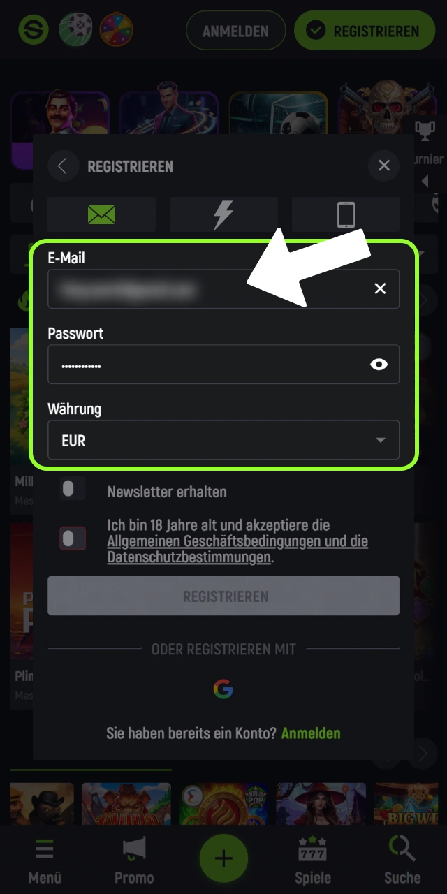 Tragen Sie Ihre persönlichen Daten in das Formular von Spingreen.