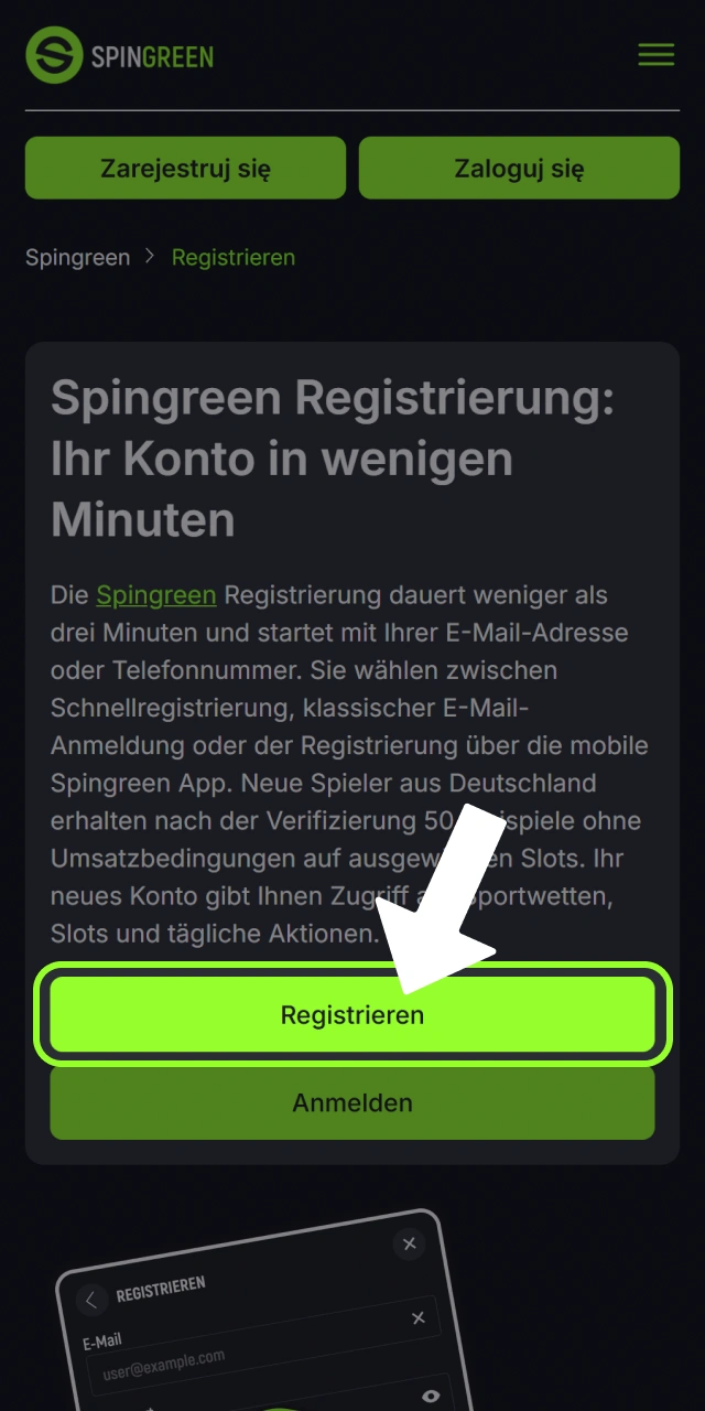 Starten Sie den Registrierungsprozess direkt auf der Website von Spingreen.