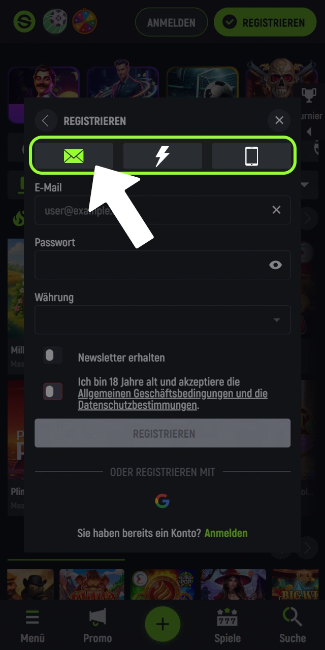 Wählen Sie Ihre bevorzugte Option zur Kontoerstellung bei Spingreen aus.